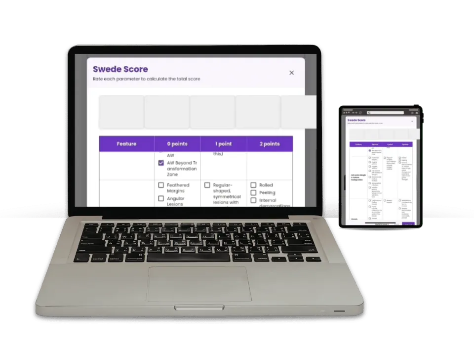 Digital clinical report interface showing secure patient documentation export fields and EMR data saving options